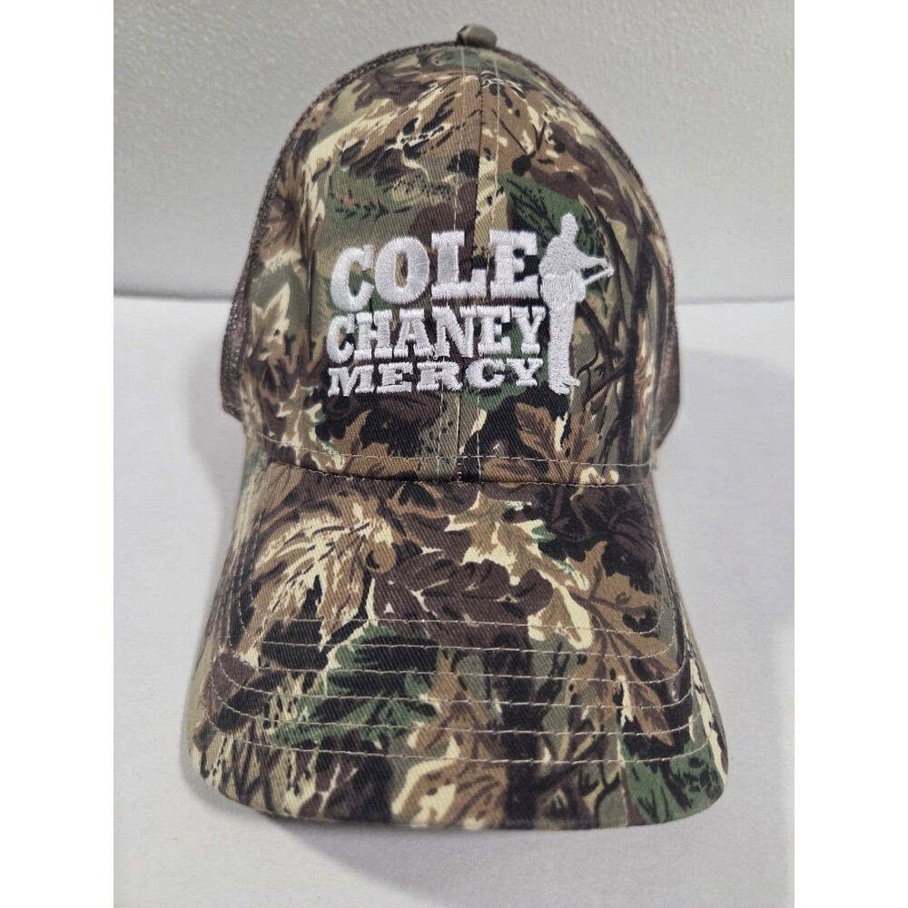 Cole Chaney Mercy Camo snap back trucker hat, mesh back, embroidered